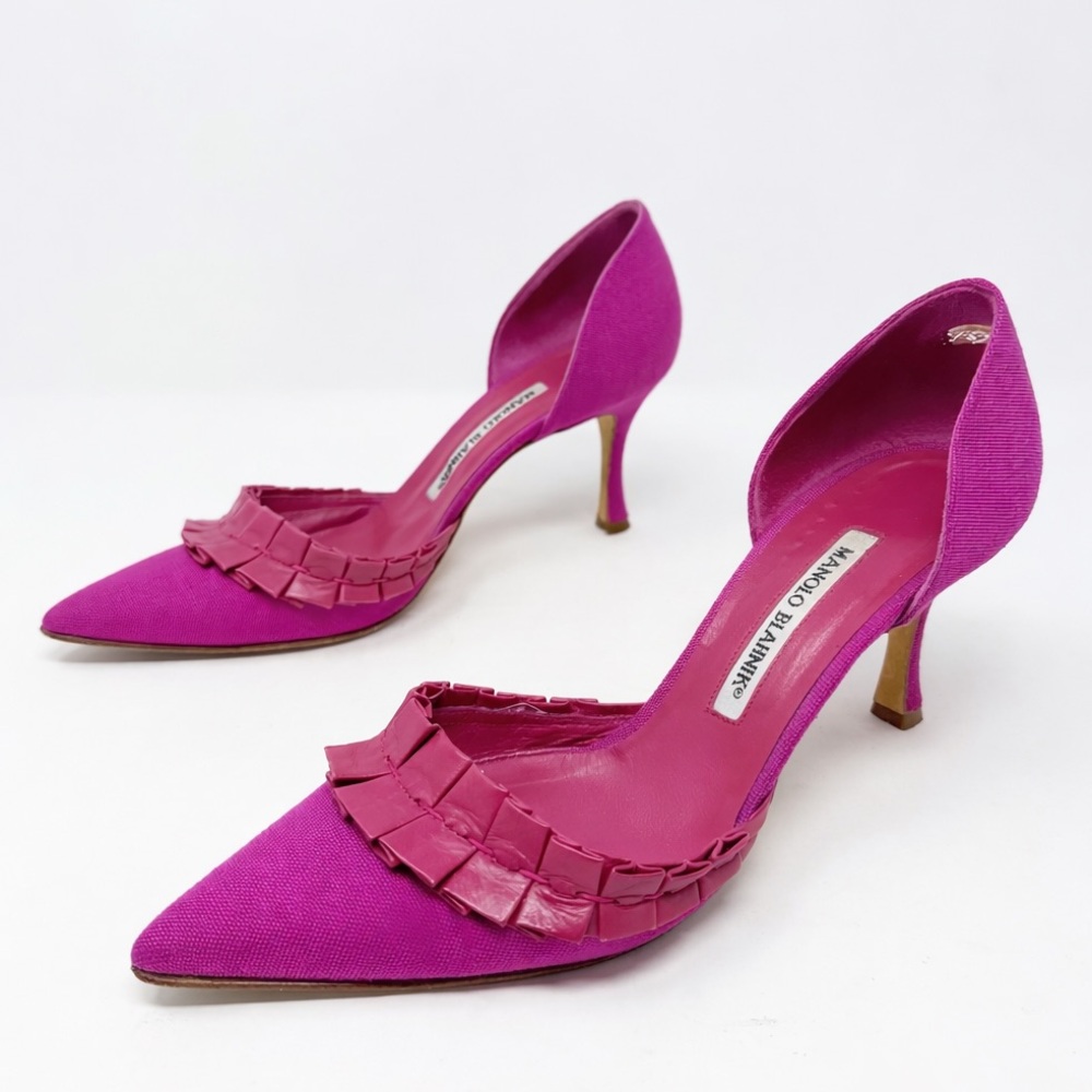 Manolo Blahnik D’Orsay Heels Pink Canvas Pointed Toe Womens Size EU 36.5